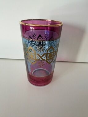 Vintage Moroccan Hand Painted Tea Glass Small Shot Glass Gold Pink Blue